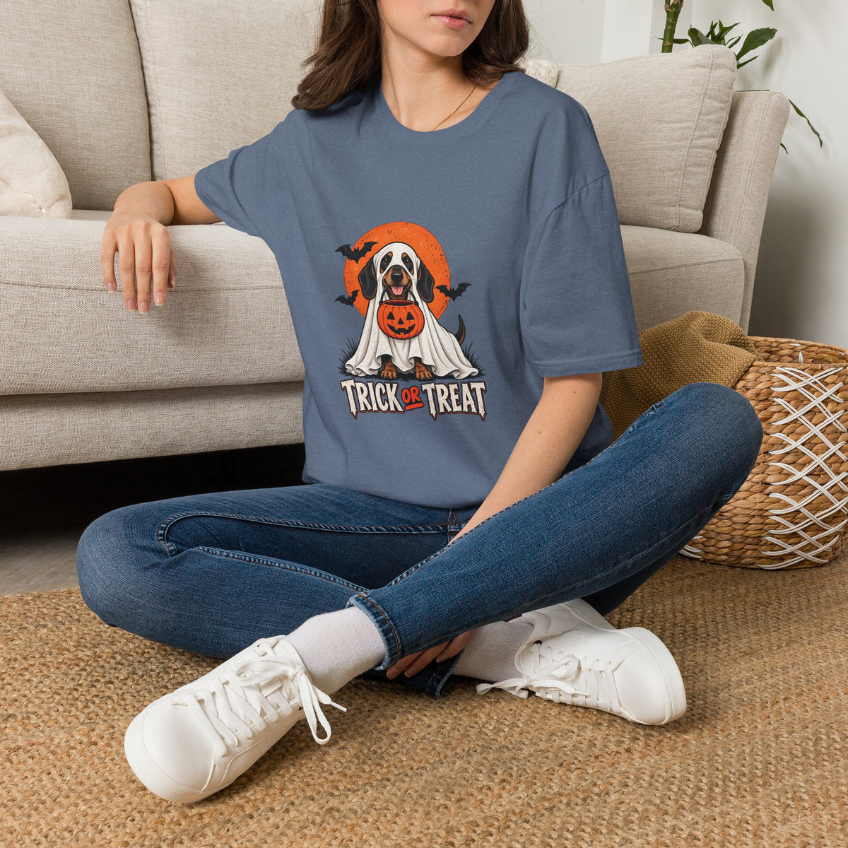 Trick or Treat Ghost Dog Halloween Shirt  – Cute Ghost Dog Graphic Tee