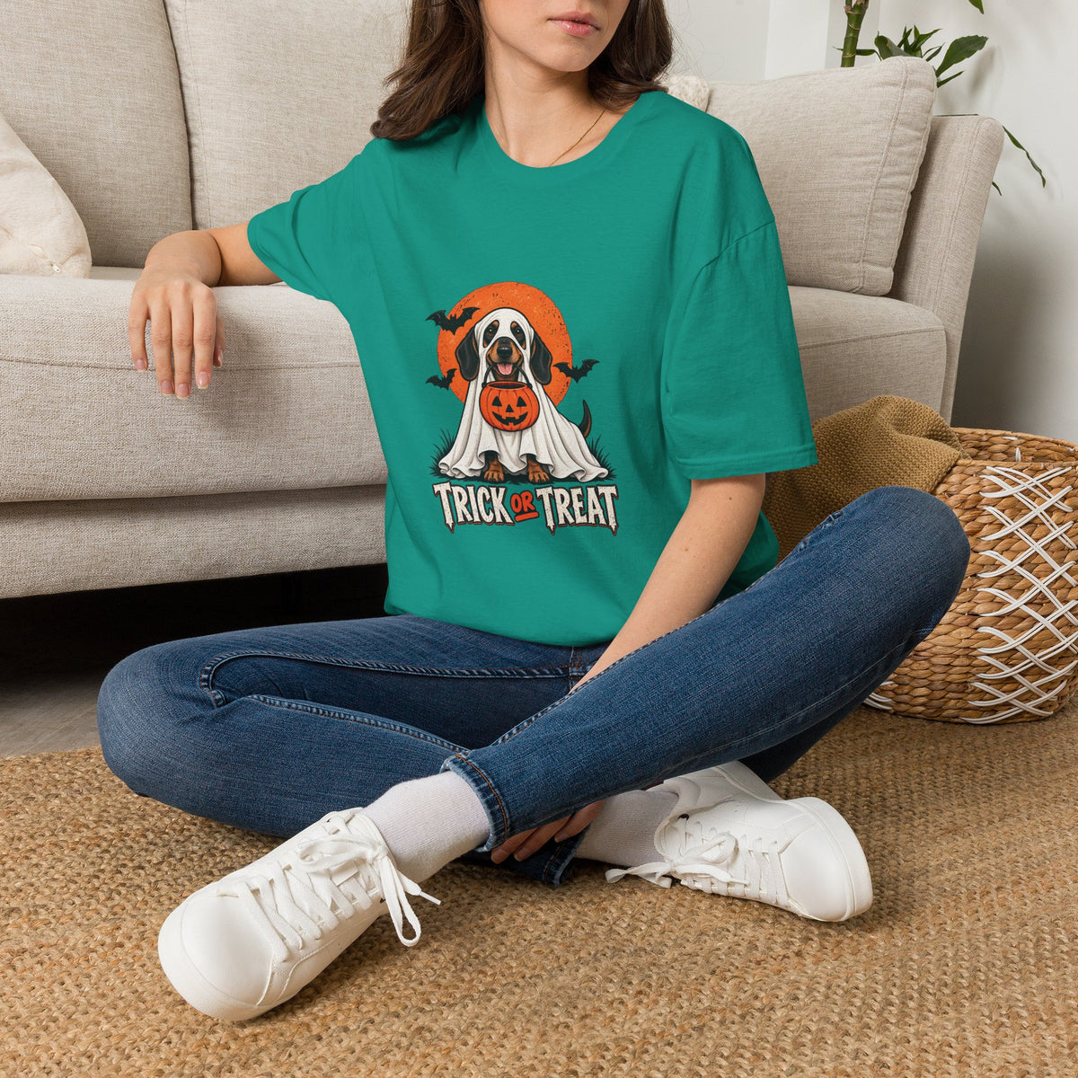 Trick or Treat Ghost Dog Halloween Shirt  – Cute Ghost Dog Graphic Tee