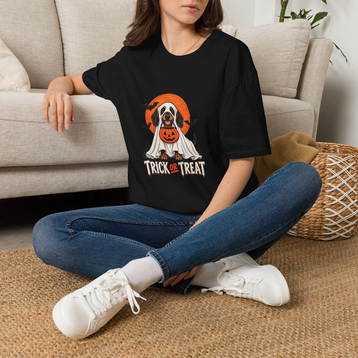 Trick or Treat Ghost Dog Halloween Shirt  – Cute Ghost Dog Graphic Tee